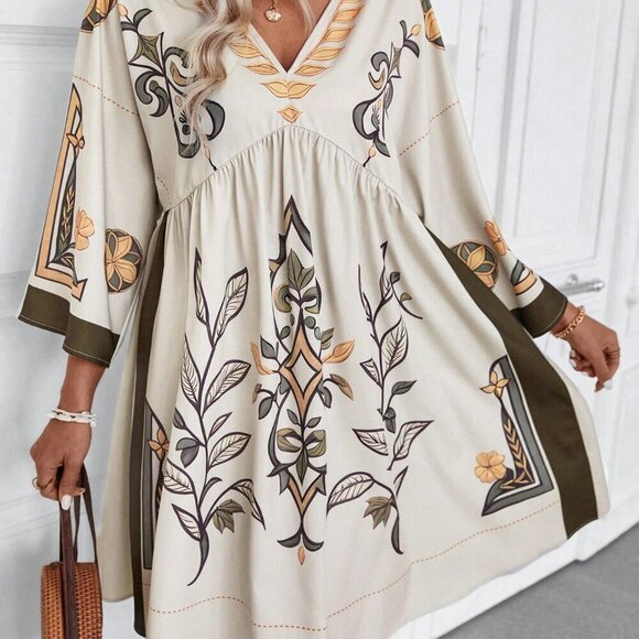 Multicolor Women's Floral Print V-Neck Loose Vacation Style Dress For Summer - Picture 5 of 6